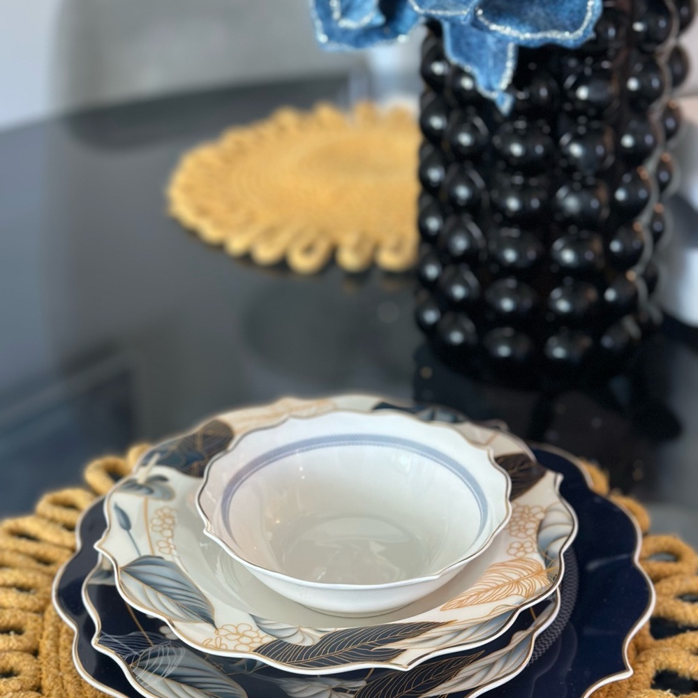 Navy and Cream Feather Pattern Dinnerware Set